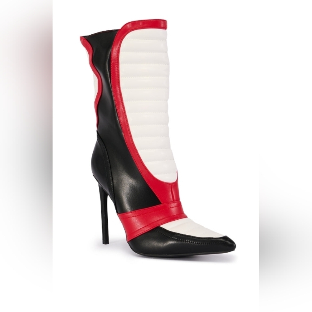 AZALEA WANG "MIDNIGHT CIRCUIT" Chic Black, White, and Red Heeled Boots